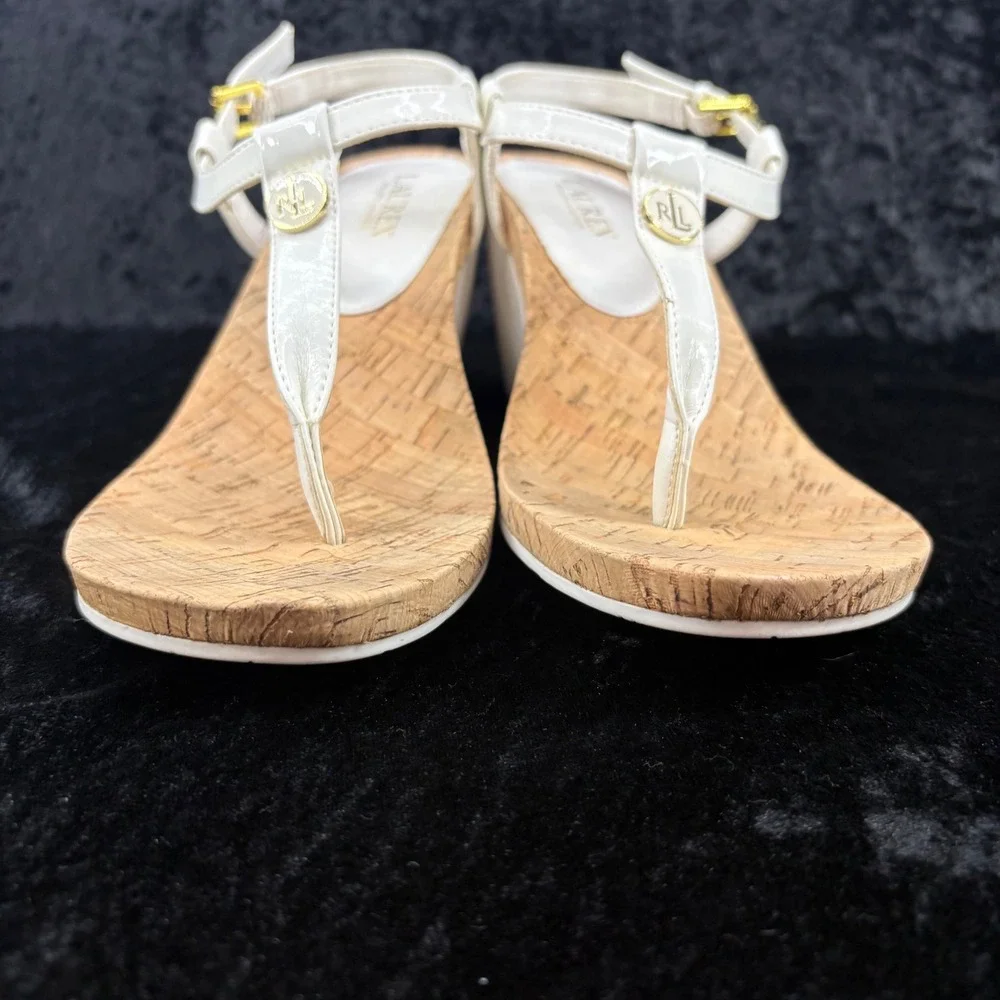 Lauren Ralph Lauren White Cork Wedge T-Strap Sandals Est Women's Size 9-see desc